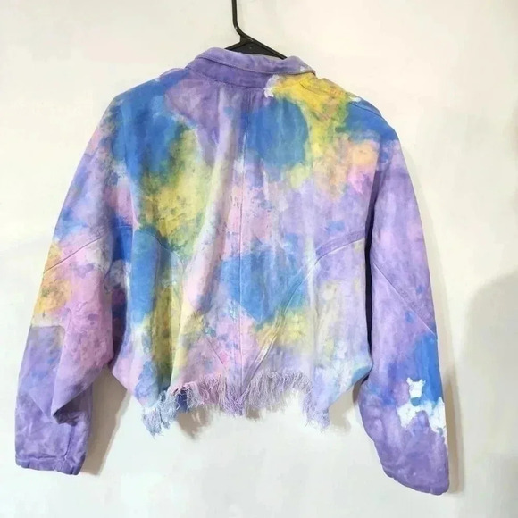 Vintage Fringe Denim Cropped Tie-Dye Jacket - Size Medium - Picture 8 of 13